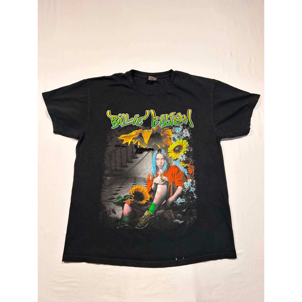 Billie Eilish Graphic T-Shirt Black Sunflowers Distressed Grunge Mens Large